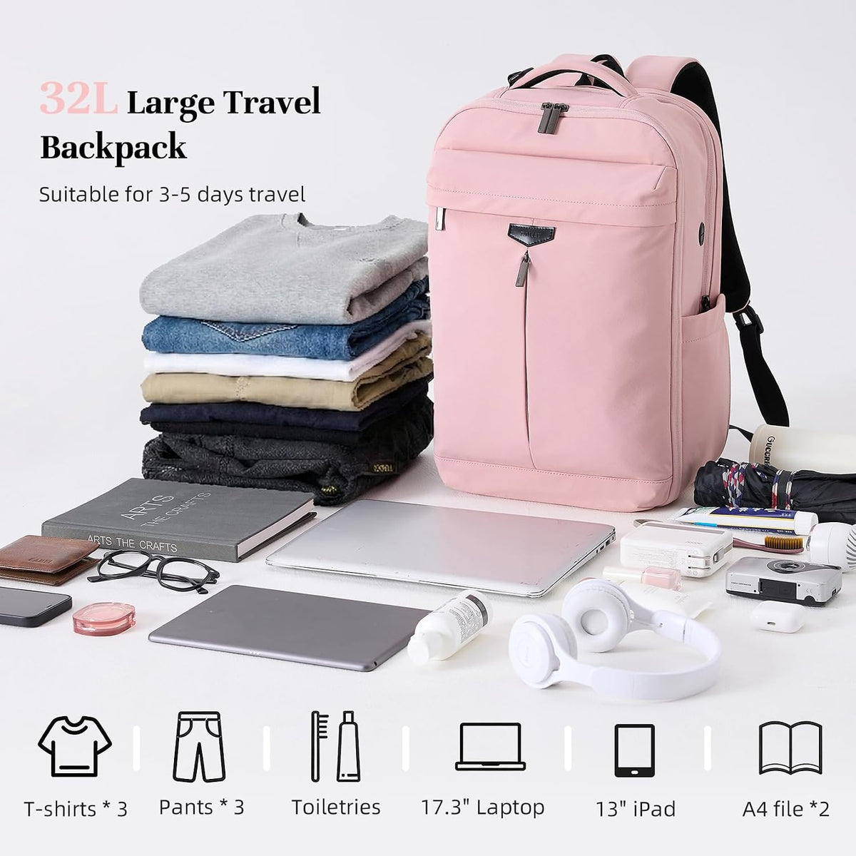 Travel Backpack for Women Men, 32L 4 In 1 Carry on Luggage Backpack, TSA Friendly Flight Approved 17 Inch Laptop Backpack, Waterproof Travel Bag for Work School Camping Hiking, Elegant Gray