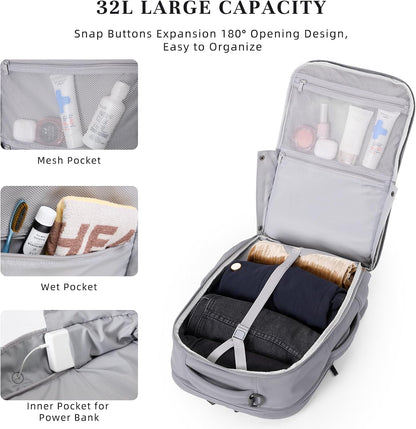 Travel Backpack for Women Men, 32L 4 In 1 Carry on Luggage Backpack, TSA Friendly Flight Approved 17 Inch Laptop Backpack, Waterproof Travel Bag for Work School Camping Hiking, Elegant Gray