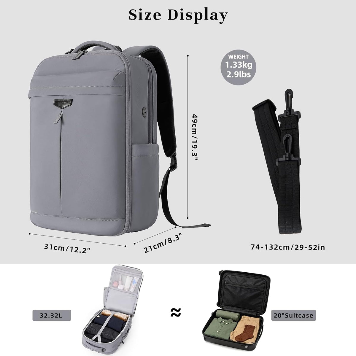 Travel Backpack for Women Men, 32L 4 In 1 Carry on Luggage Backpack, TSA Friendly Flight Approved 17 Inch Laptop Backpack, Waterproof Travel Bag for Work School Camping Hiking, Elegant Gray