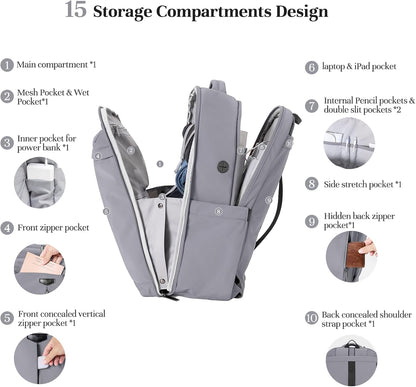 Travel Backpack for Women Men, 32L 4 In 1 Carry on Luggage Backpack, TSA Friendly Flight Approved 17 Inch Laptop Backpack, Waterproof Travel Bag for Work School Camping Hiking, Elegant Gray