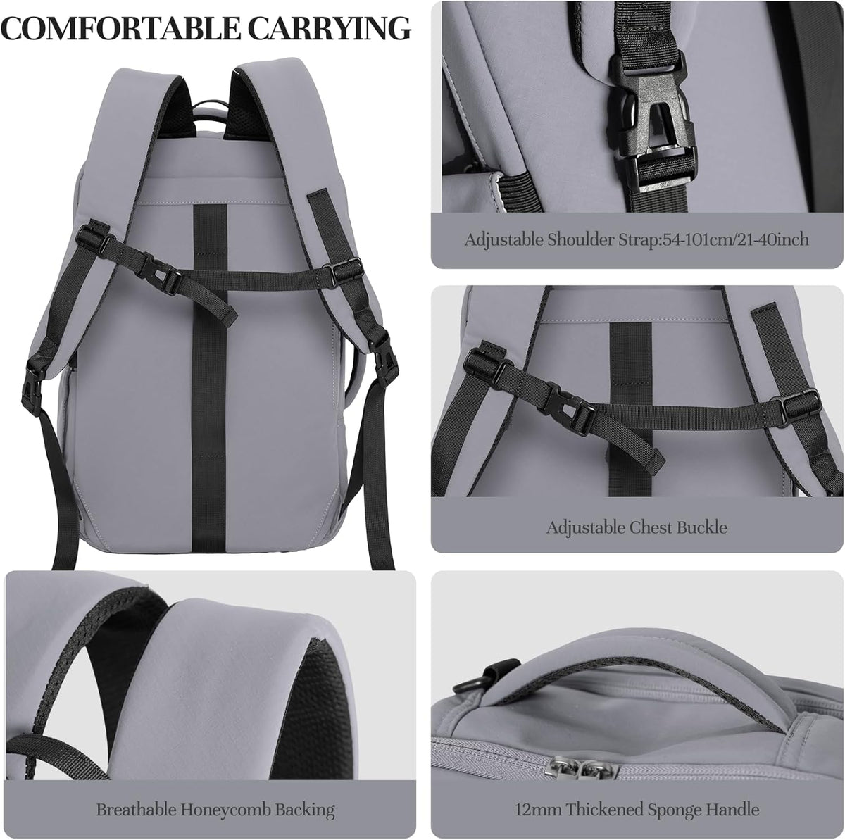 Travel Backpack for Women Men, 32L 4 In 1 Carry on Luggage Backpack, TSA Friendly Flight Approved 17 Inch Laptop Backpack, Waterproof Travel Bag for Work School Camping Hiking, Elegant Gray