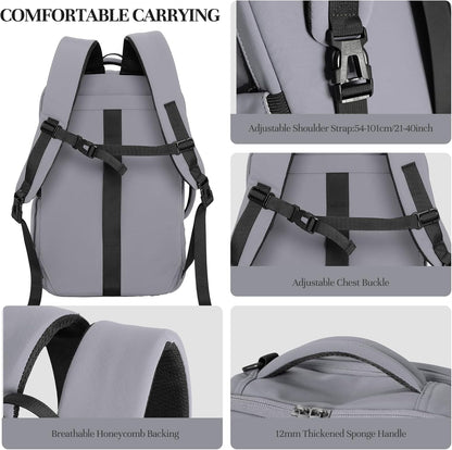 Travel Backpack for Women Men, 32L 4 In 1 Carry on Luggage Backpack, TSA Friendly Flight Approved 17 Inch Laptop Backpack, Waterproof Travel Bag for Work School Camping Hiking, Elegant Gray