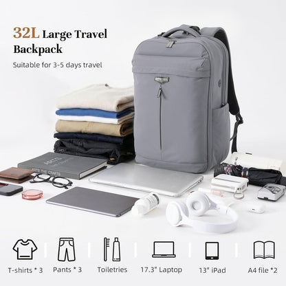 Travel Backpack for Women Men, 32L 4 In 1 Carry on Luggage Backpack, TSA Friendly Flight Approved 17 Inch Laptop Backpack, Waterproof Travel Bag for Work School Camping Hiking, Elegant Gray
