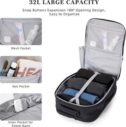 Travel Backpack for Women Men, 32L 4 In 1 Carry on Luggage Backpack, TSA Friendly Flight Approved 17 Inch Laptop Backpack, Waterproof Travel Bag for Work School Camping Hiking, Elegant Gray