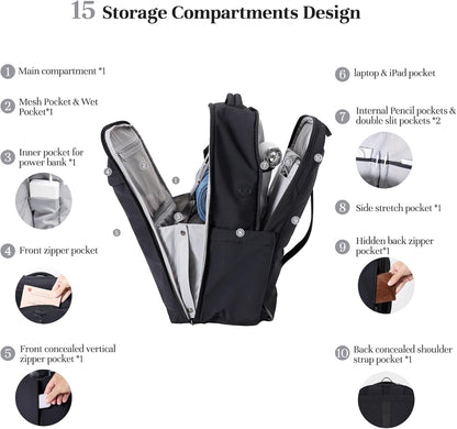 Travel Backpack for Women Men, 32L 4 In 1 Carry on Luggage Backpack, TSA Friendly Flight Approved 17 Inch Laptop Backpack, Waterproof Travel Bag for Work School Camping Hiking, Elegant Gray