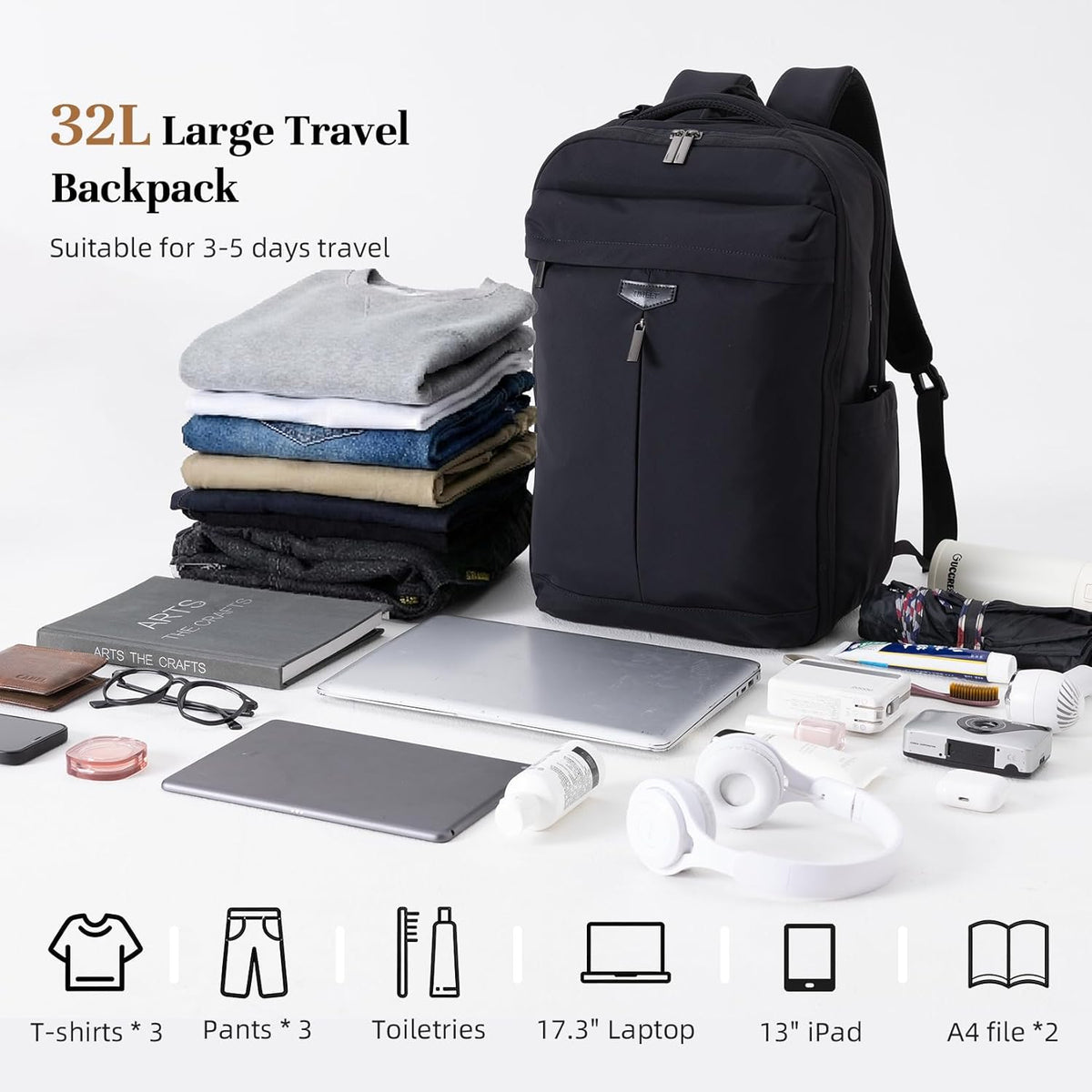 Travel Backpack for Women Men, 32L 4 In 1 Carry on Luggage Backpack, TSA Friendly Flight Approved 17 Inch Laptop Backpack, Waterproof Travel Bag for Work School Camping Hiking, Elegant Gray