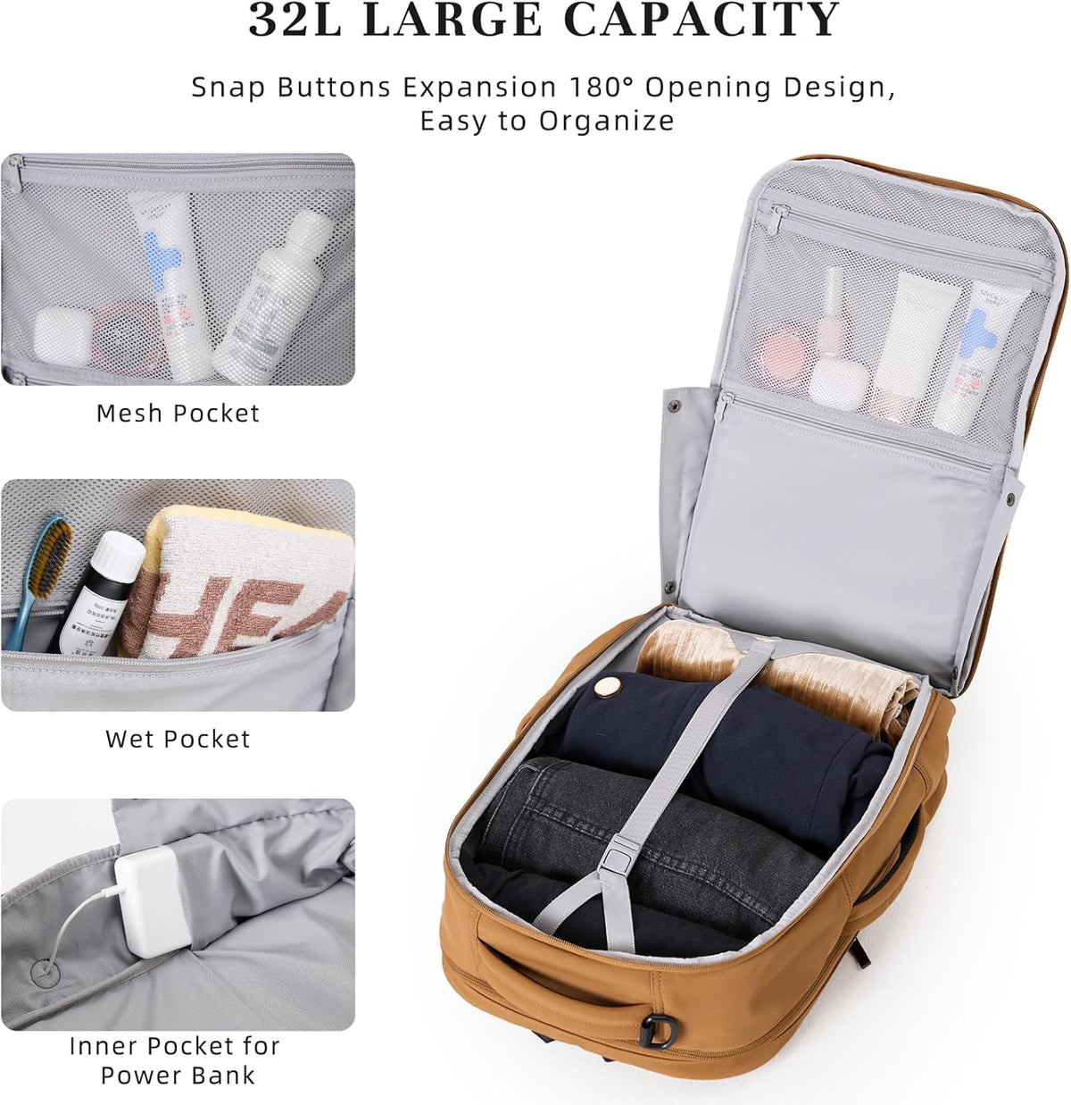 Travel Backpack for Women Men, 32L 4 In 1 Carry on Luggage Backpack, TSA Friendly Flight Approved 17 Inch Laptop Backpack, Waterproof Travel Bag for Work School Camping Hiking, Elegant Gray