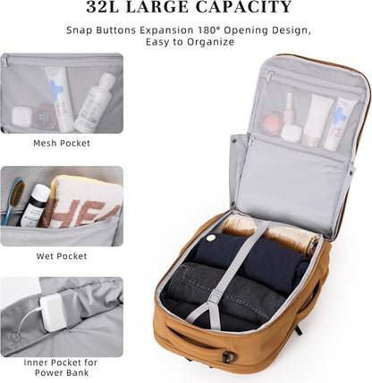 Travel Backpack for Women Men, 32L 4 In 1 Carry on Luggage Backpack, TSA Friendly Flight Approved 17 Inch Laptop Backpack, Waterproof Travel Bag for Work School Camping Hiking, Elegant Gray