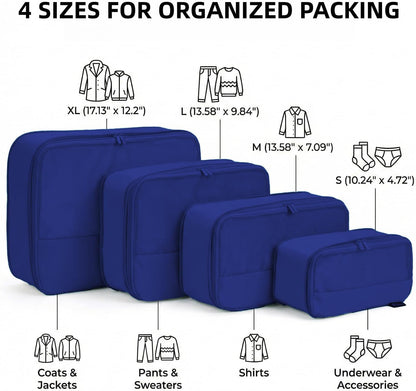 4 Piece Compression Packing Cubes for 3–7 Day Travel, Light Green | Wrinkle-Resistant Memory Fabric, Breathable Mesh Panel, Double-Zipper, Small to Large Size Bag, Smart Organization