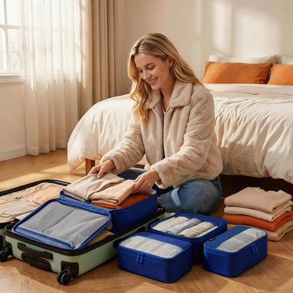 4 Piece Compression Packing Cubes for 3–7 Day Travel, Light Green | Wrinkle-Resistant Memory Fabric, Breathable Mesh Panel, Double-Zipper, Small to Large Size Bag, Smart Organization