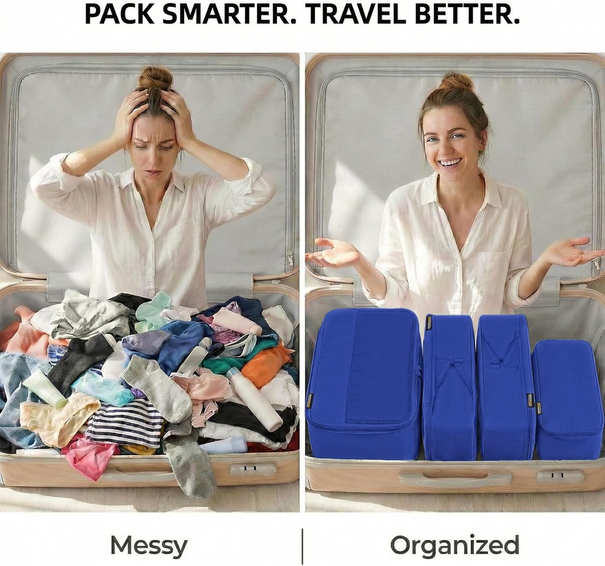 4 Piece Compression Packing Cubes for 3–7 Day Travel, Light Green | Wrinkle-Resistant Memory Fabric, Breathable Mesh Panel, Double-Zipper, Small to Large Size Bag, Smart Organization