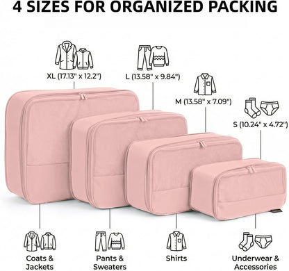 4 Piece Compression Packing Cubes for 3–7 Day Travel, Light Green | Wrinkle-Resistant Memory Fabric, Breathable Mesh Panel, Double-Zipper, Small to Large Size Bag, Smart Organization