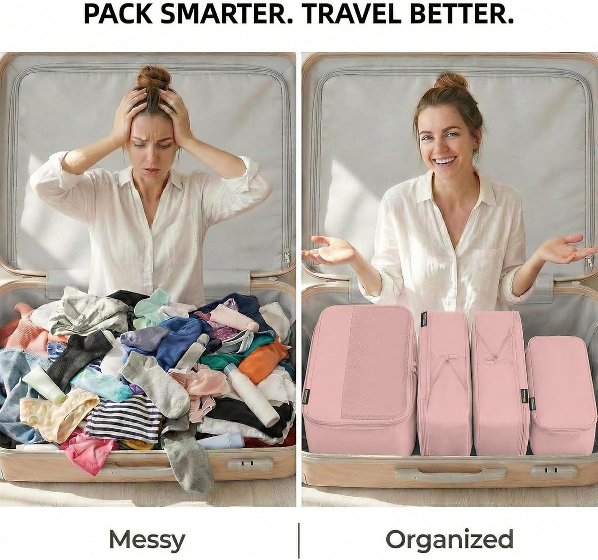 4 Piece Compression Packing Cubes for 3–7 Day Travel, Light Green | Wrinkle-Resistant Memory Fabric, Breathable Mesh Panel, Double-Zipper, Small to Large Size Bag, Smart Organization