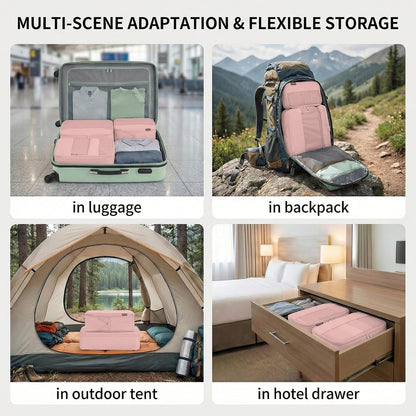 4 Piece Compression Packing Cubes for 3–7 Day Travel, Light Green | Wrinkle-Resistant Memory Fabric, Breathable Mesh Panel, Double-Zipper, Small to Large Size Bag, Smart Organization