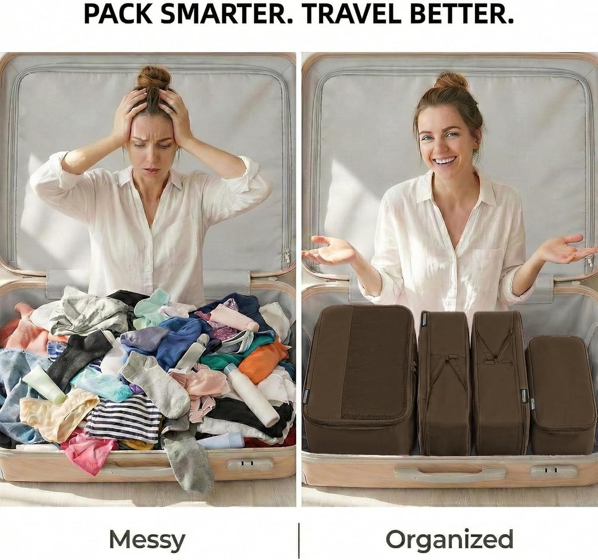 4 Piece Compression Packing Cubes for 3–7 Day Travel, Light Green | Wrinkle-Resistant Memory Fabric, Breathable Mesh Panel, Double-Zipper, Small to Large Size Bag, Smart Organization