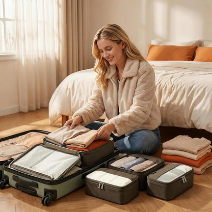 4 Piece Compression Packing Cubes for 3–7 Day Travel, Light Green | Wrinkle-Resistant Memory Fabric, Breathable Mesh Panel, Double-Zipper, Small to Large Size Bag, Smart Organization