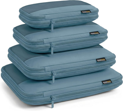4 Piece Compression Packing Cubes for 3–7 Day Travel, Light Green | Wrinkle-Resistant Memory Fabric, Breathable Mesh Panel, Double-Zipper, Small to Large Size Bag, Smart Organization