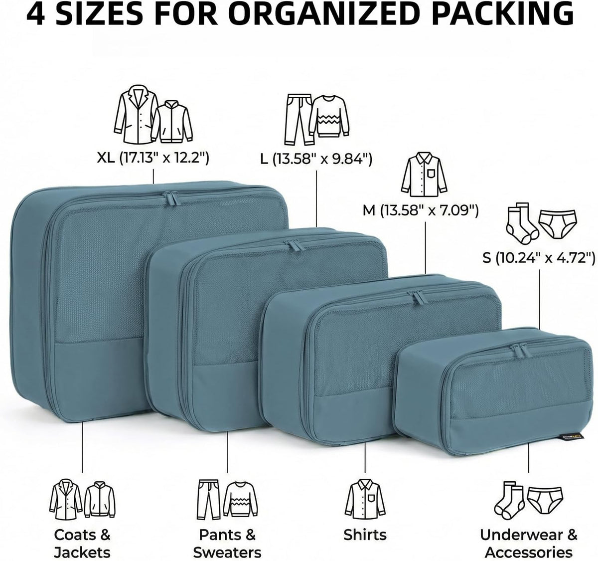 4 Piece Compression Packing Cubes for 3–7 Day Travel, Light Green | Wrinkle-Resistant Memory Fabric, Breathable Mesh Panel, Double-Zipper, Small to Large Size Bag, Smart Organization