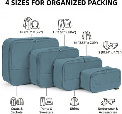 4 Piece Compression Packing Cubes for 3–7 Day Travel, Light Green | Wrinkle-Resistant Memory Fabric, Breathable Mesh Panel, Double-Zipper, Small to Large Size Bag, Smart Organization