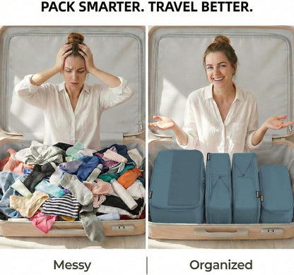4 Piece Compression Packing Cubes for 3–7 Day Travel, Light Green | Wrinkle-Resistant Memory Fabric, Breathable Mesh Panel, Double-Zipper, Small to Large Size Bag, Smart Organization