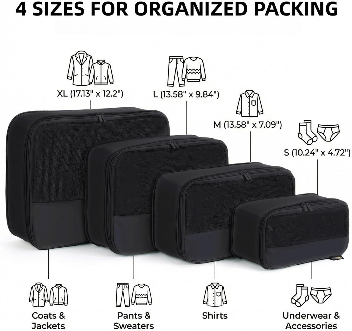 4 Piece Compression Packing Cubes for 3–7 Day Travel, Light Green | Wrinkle-Resistant Memory Fabric, Breathable Mesh Panel, Double-Zipper, Small to Large Size Bag, Smart Organization