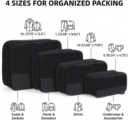 4 Piece Compression Packing Cubes for 3–7 Day Travel, Light Green | Wrinkle-Resistant Memory Fabric, Breathable Mesh Panel, Double-Zipper, Small to Large Size Bag, Smart Organization