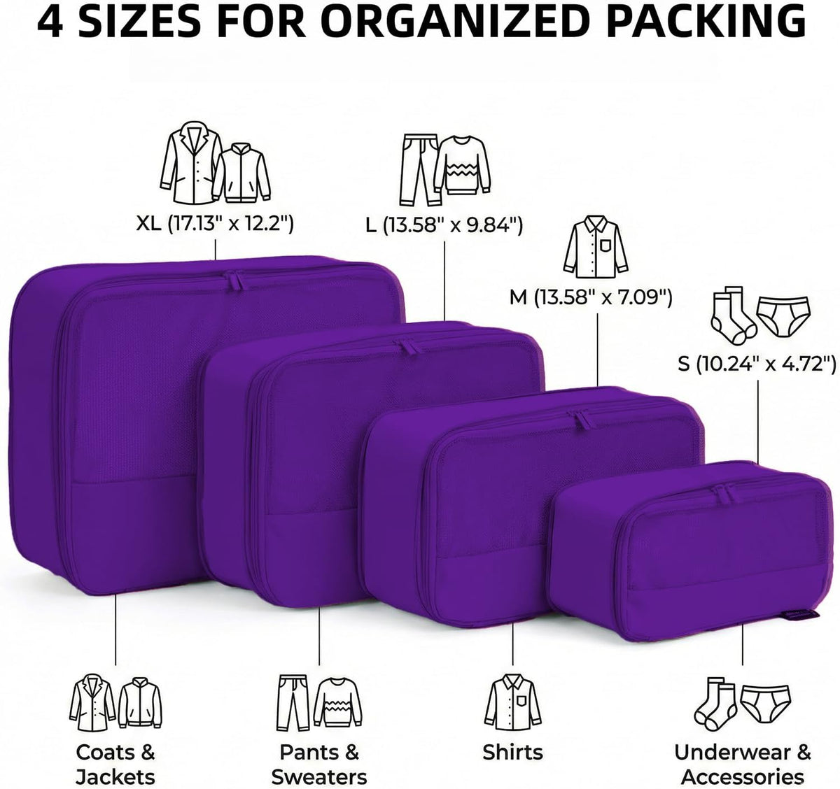 4 Piece Compression Packing Cubes for 3–7 Day Travel, Light Green | Wrinkle-Resistant Memory Fabric, Breathable Mesh Panel, Double-Zipper, Small to Large Size Bag, Smart Organization