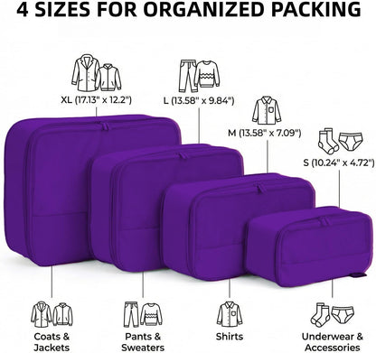 4 Piece Compression Packing Cubes for 3–7 Day Travel, Light Green | Wrinkle-Resistant Memory Fabric, Breathable Mesh Panel, Double-Zipper, Small to Large Size Bag, Smart Organization
