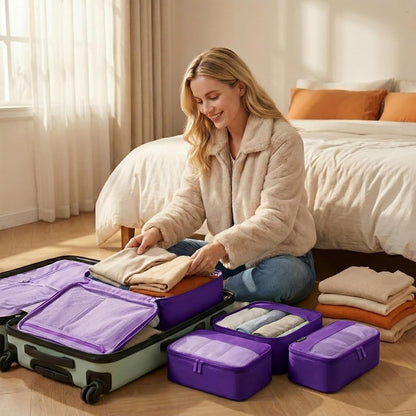 4 Piece Compression Packing Cubes for 3–7 Day Travel, Light Green | Wrinkle-Resistant Memory Fabric, Breathable Mesh Panel, Double-Zipper, Small to Large Size Bag, Smart Organization