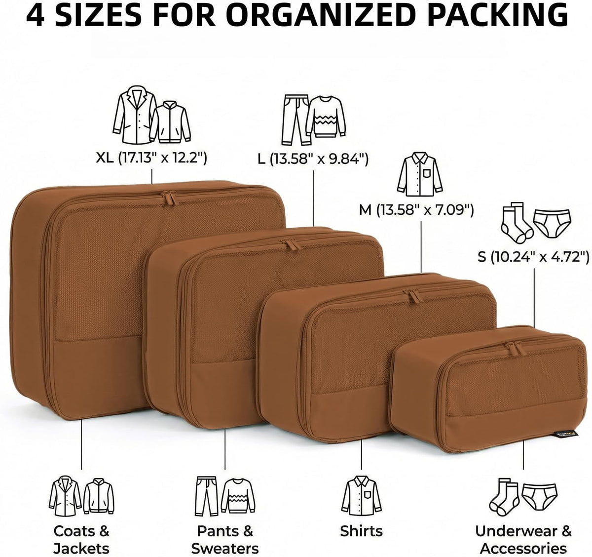 4 Piece Compression Packing Cubes for 3–7 Day Travel, Light Green | Wrinkle-Resistant Memory Fabric, Breathable Mesh Panel, Double-Zipper, Small to Large Size Bag, Smart Organization