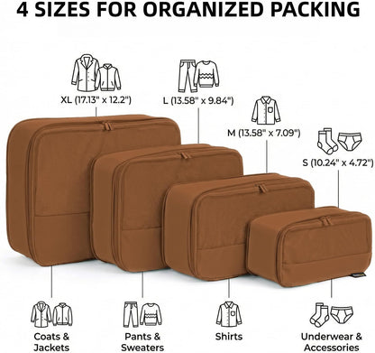 4 Piece Compression Packing Cubes for 3–7 Day Travel, Light Green | Wrinkle-Resistant Memory Fabric, Breathable Mesh Panel, Double-Zipper, Small to Large Size Bag, Smart Organization