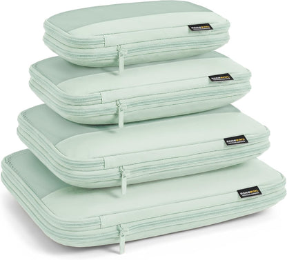 4 Piece Compression Packing Cubes for 3–7 Day Travel, Light Green | Wrinkle-Resistant Memory Fabric, Breathable Mesh Panel, Double-Zipper, Small to Large Size Bag, Smart Organization
