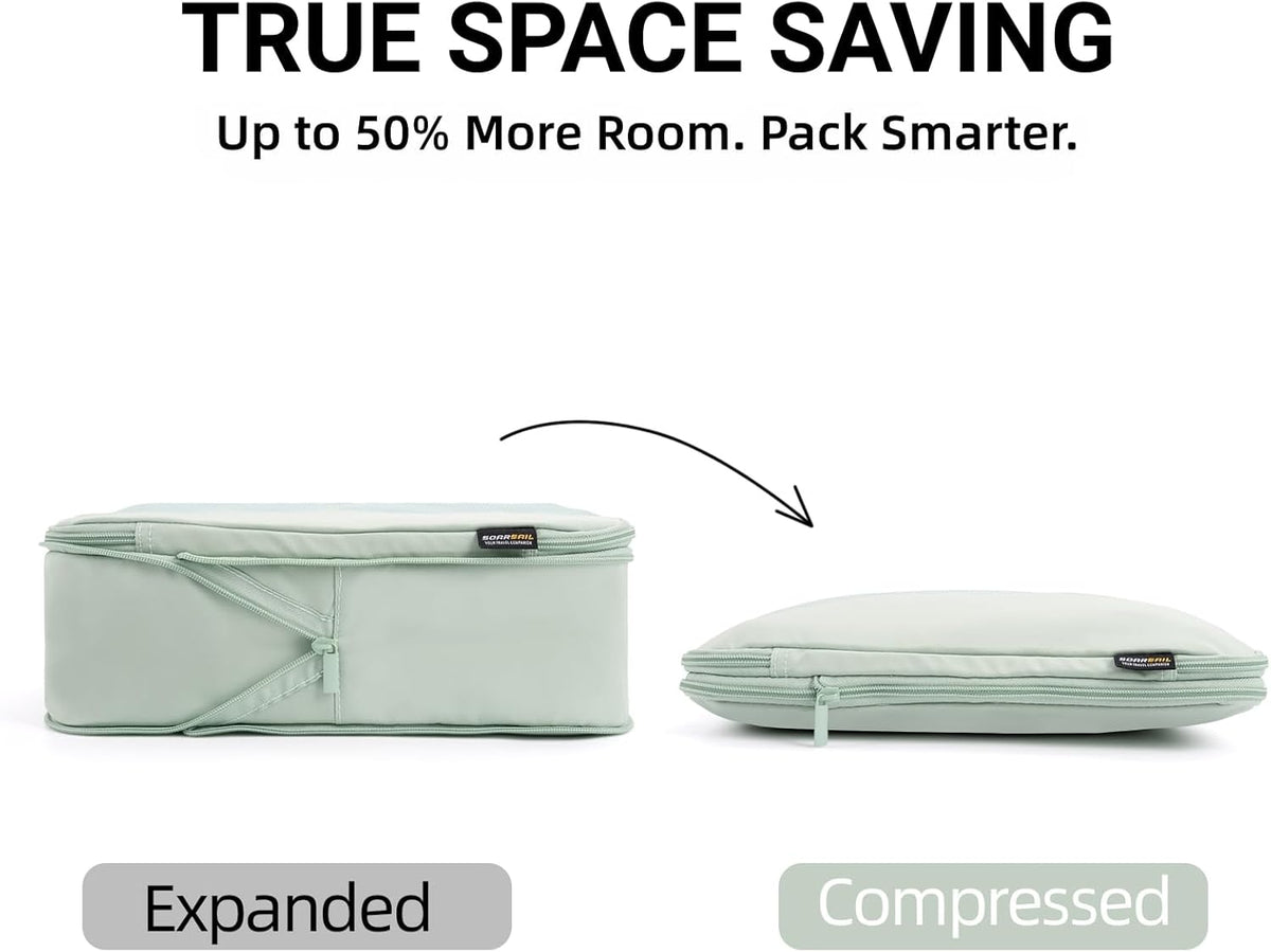 4 Piece Compression Packing Cubes for 3–7 Day Travel, Light Green | Wrinkle-Resistant Memory Fabric, Breathable Mesh Panel, Double-Zipper, Small to Large Size Bag, Smart Organization