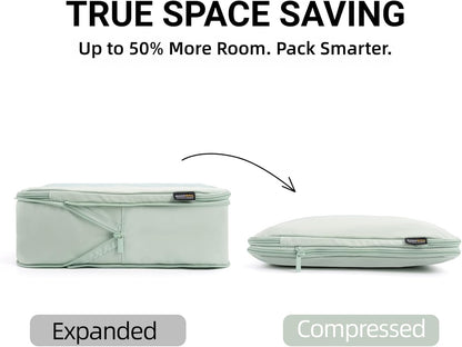 4 Piece Compression Packing Cubes for 3–7 Day Travel, Light Green | Wrinkle-Resistant Memory Fabric, Breathable Mesh Panel, Double-Zipper, Small to Large Size Bag, Smart Organization
