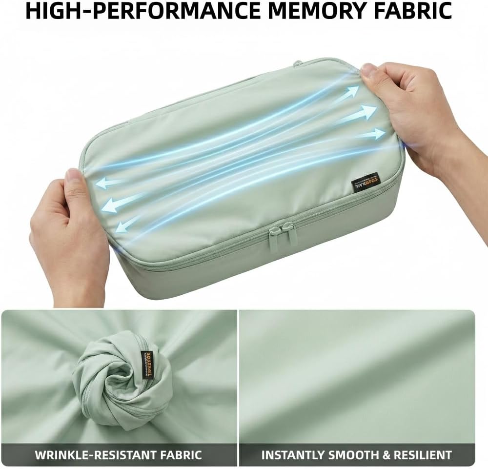 4 Piece Compression Packing Cubes for 3–7 Day Travel, Light Green | Wrinkle-Resistant Memory Fabric, Breathable Mesh Panel, Double-Zipper, Small to Large Size Bag, Smart Organization