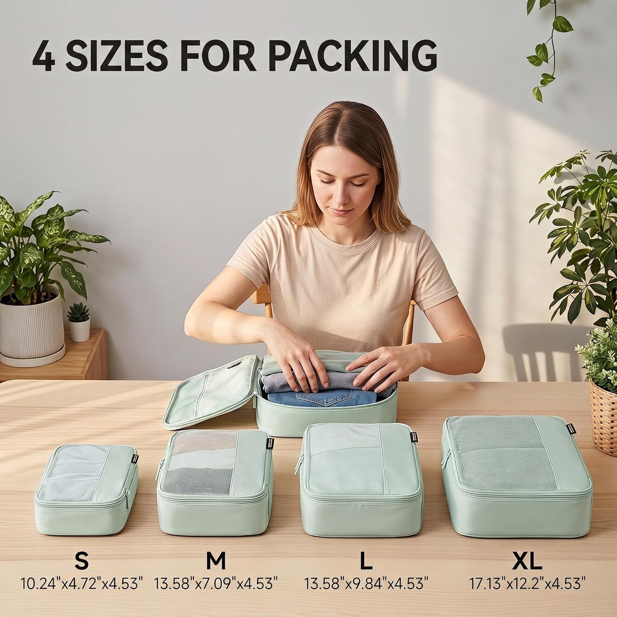 4 Piece Compression Packing Cubes for 3–7 Day Travel, Light Green | Wrinkle-Resistant Memory Fabric, Breathable Mesh Panel, Double-Zipper, Small to Large Size Bag, Smart Organization