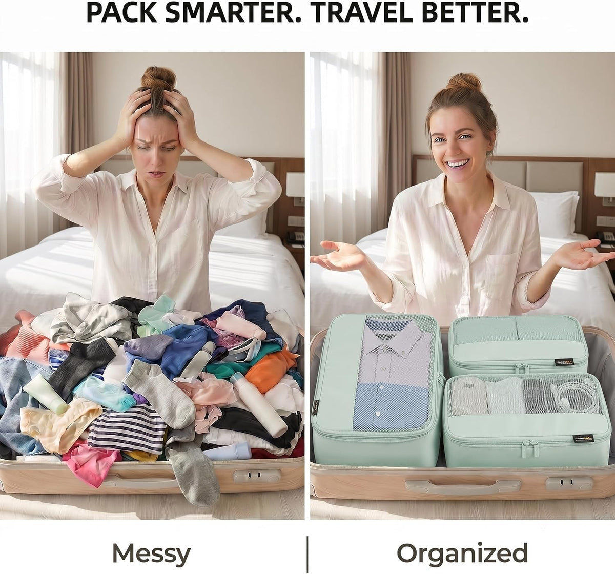 4 Piece Compression Packing Cubes for 3–7 Day Travel, Light Green | Wrinkle-Resistant Memory Fabric, Breathable Mesh Panel, Double-Zipper, Small to Large Size Bag, Smart Organization