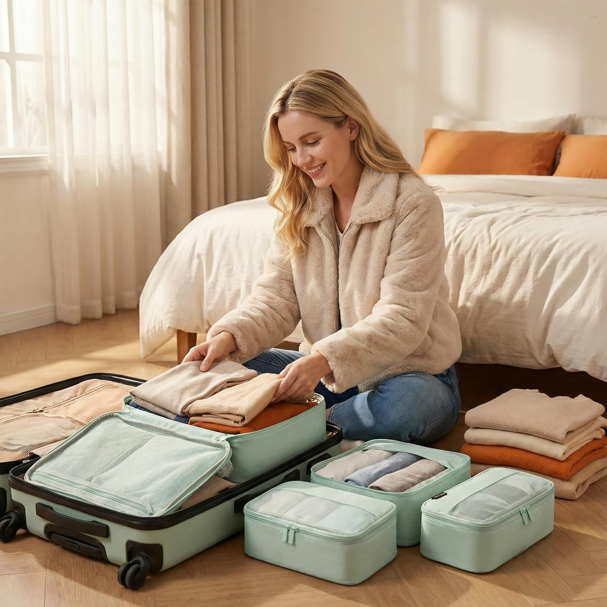 4 Piece Compression Packing Cubes for 3–7 Day Travel, Light Green | Wrinkle-Resistant Memory Fabric, Breathable Mesh Panel, Double-Zipper, Small to Large Size Bag, Smart Organization