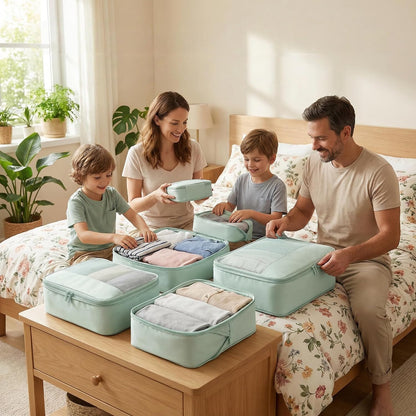 4 Piece Compression Packing Cubes for 3–7 Day Travel, Light Green | Wrinkle-Resistant Memory Fabric, Breathable Mesh Panel, Double-Zipper, Small to Large Size Bag, Smart Organization