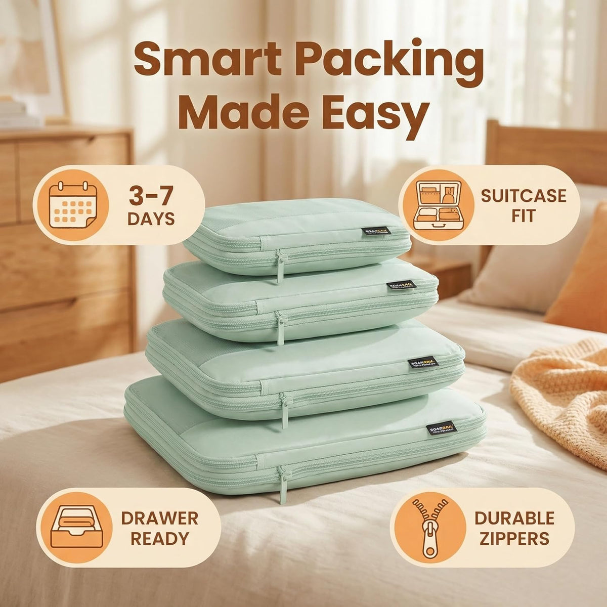 4 Piece Compression Packing Cubes for 3–7 Day Travel, Light Green | Wrinkle-Resistant Memory Fabric, Breathable Mesh Panel, Double-Zipper, Small to Large Size Bag, Smart Organization