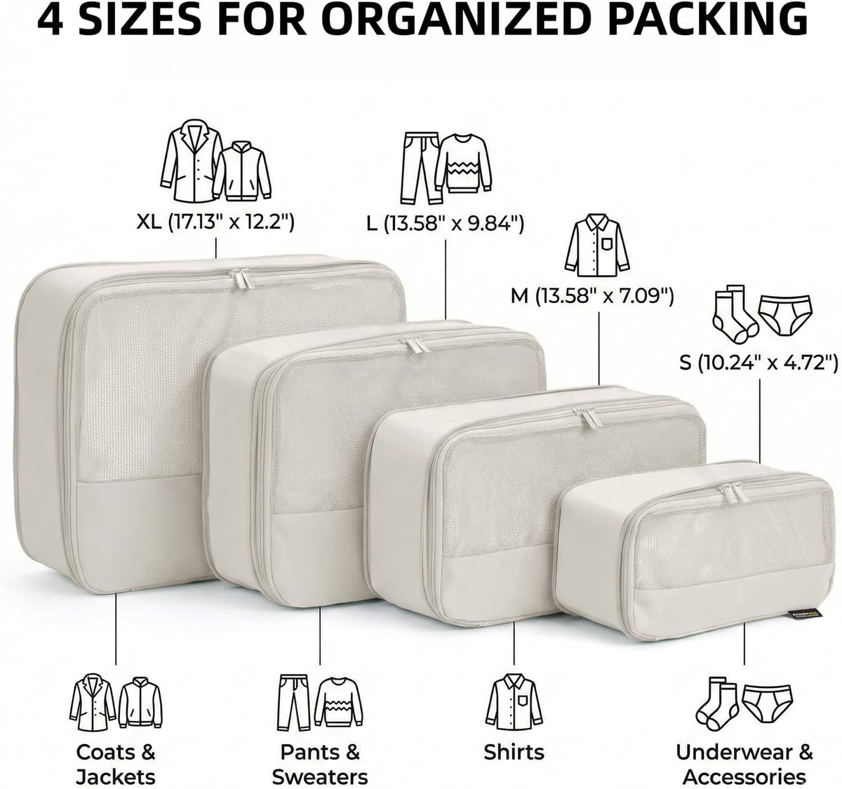 4 Piece Compression Packing Cubes for 3–7 Day Travel, Light Green | Wrinkle-Resistant Memory Fabric, Breathable Mesh Panel, Double-Zipper, Small to Large Size Bag, Smart Organization