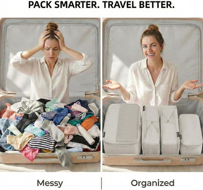 4 Piece Compression Packing Cubes for 3–7 Day Travel, Light Green | Wrinkle-Resistant Memory Fabric, Breathable Mesh Panel, Double-Zipper, Small to Large Size Bag, Smart Organization
