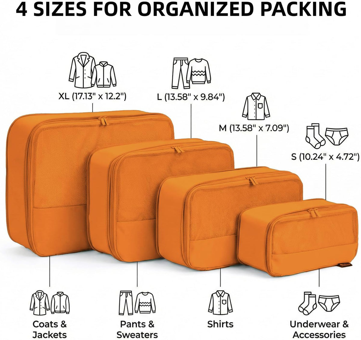 4 Piece Compression Packing Cubes for 3–7 Day Travel, Light Green | Wrinkle-Resistant Memory Fabric, Breathable Mesh Panel, Double-Zipper, Small to Large Size Bag, Smart Organization