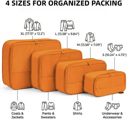 4 Piece Compression Packing Cubes for 3–7 Day Travel, Light Green | Wrinkle-Resistant Memory Fabric, Breathable Mesh Panel, Double-Zipper, Small to Large Size Bag, Smart Organization