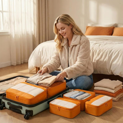 4 Piece Compression Packing Cubes for 3–7 Day Travel, Light Green | Wrinkle-Resistant Memory Fabric, Breathable Mesh Panel, Double-Zipper, Small to Large Size Bag, Smart Organization