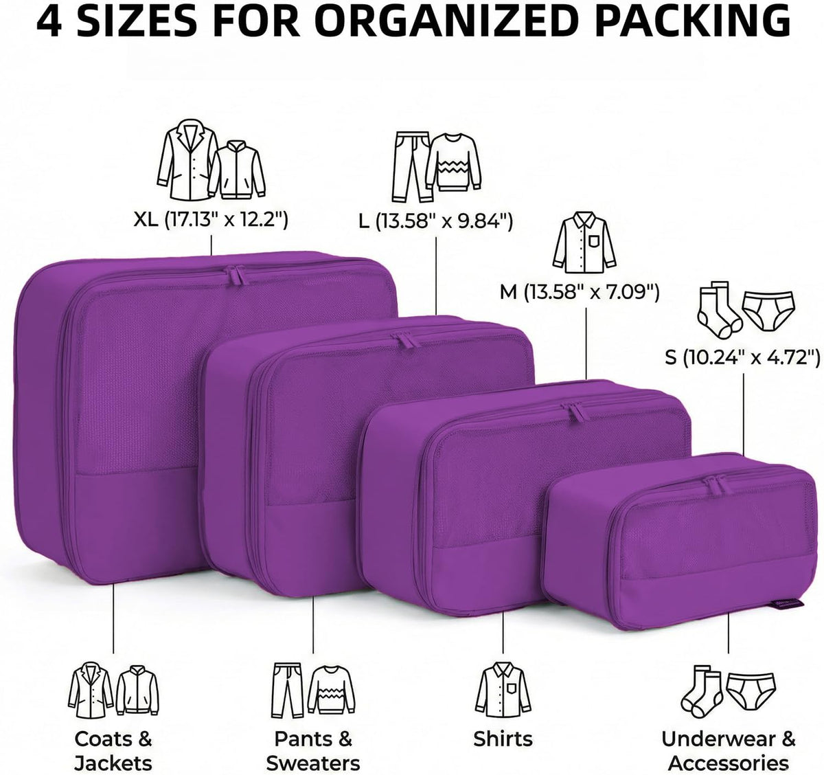 4 Piece Compression Packing Cubes for 3–7 Day Travel, Light Green | Wrinkle-Resistant Memory Fabric, Breathable Mesh Panel, Double-Zipper, Small to Large Size Bag, Smart Organization