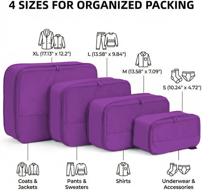 4 Piece Compression Packing Cubes for 3–7 Day Travel, Light Green | Wrinkle-Resistant Memory Fabric, Breathable Mesh Panel, Double-Zipper, Small to Large Size Bag, Smart Organization