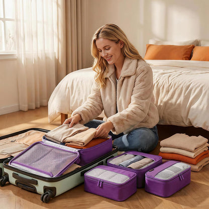 4 Piece Compression Packing Cubes for 3–7 Day Travel, Light Green | Wrinkle-Resistant Memory Fabric, Breathable Mesh Panel, Double-Zipper, Small to Large Size Bag, Smart Organization