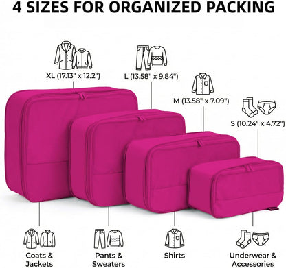 4 Piece Compression Packing Cubes for 3–7 Day Travel, Light Green | Wrinkle-Resistant Memory Fabric, Breathable Mesh Panel, Double-Zipper, Small to Large Size Bag, Smart Organization