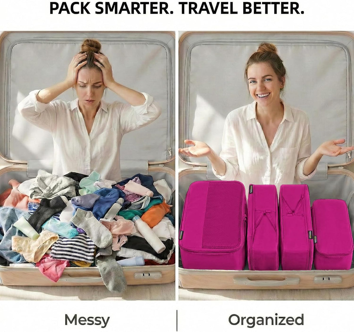 4 Piece Compression Packing Cubes for 3–7 Day Travel, Light Green | Wrinkle-Resistant Memory Fabric, Breathable Mesh Panel, Double-Zipper, Small to Large Size Bag, Smart Organization